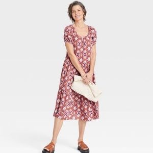 NWT  Knox Rose Midi Dress Puff Sleeve Tiered A-Line Boho Paisley Cognac Size Med